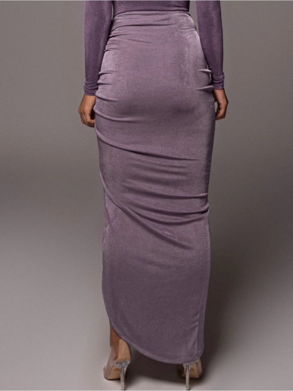 JLUXLABEL Lavender Ruched High-Low Maxi Skirt with Side Drawstring - Picture 4 of 7